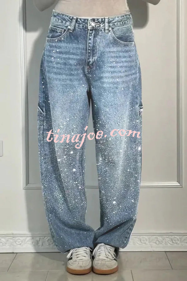 Fashionable Rhinestone Mid-rise Loose Pocket Straight Jeans