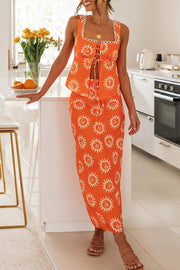 Fabulous Sunshine Print Lace Backless Slit Skirt Suit