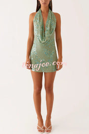 Looking Amazing Sequin Beaded Material Cowl Neck Backless Mini Dress