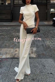 Pippa High Neck Short Sleeve Irregular Drape Hem Top and Elastic Waist Flare Pants Set