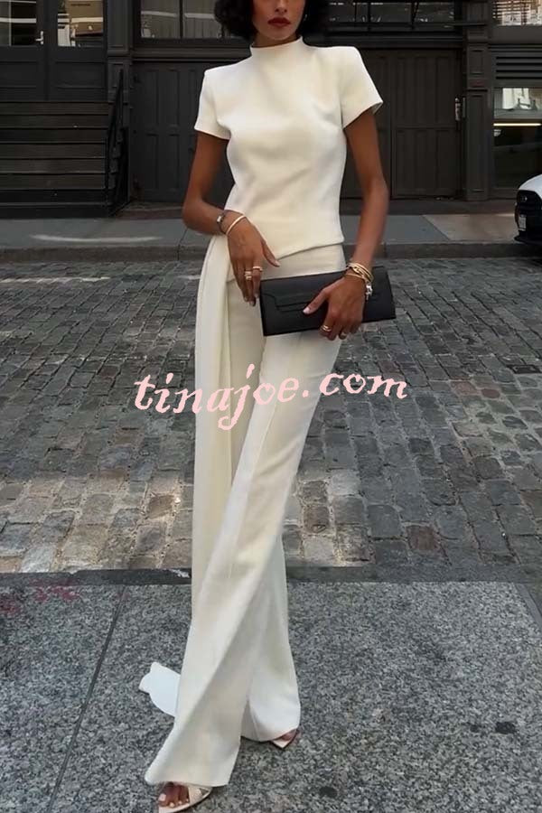 Pippa High Neck Short Sleeve Irregular Drape Hem Top and Elastic Waist Flare Pants Set