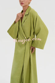 Linen Blend Solid Color Casual Lapel Tie Loose Maxi Dress