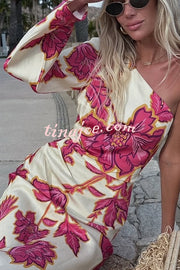 Rhia Satin Floral Print One Shoulder Flared Maxi Dress