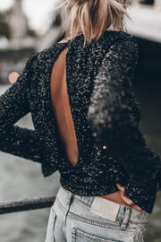 Exclusive Party Sequin Extra Long Slit Sleeves Open Back Top