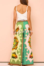 Enjoy Summer Lemon Satin Unique Print Elastic Waist Pocketed Wide Leg Pants