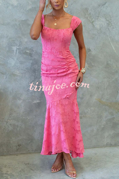 Unreal Beauty Floral Textured Material Ruched Fishtail Maxi Dress
