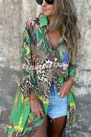 Jungle Miracle Animal Unique Print Button Long Sleeve Midi Relaxed Blouse