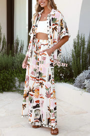 Holiday Style Holiday Print Casual Short-sleeved Shirt and Elastic Waist Loose Pocket Wide-leg Pants Set