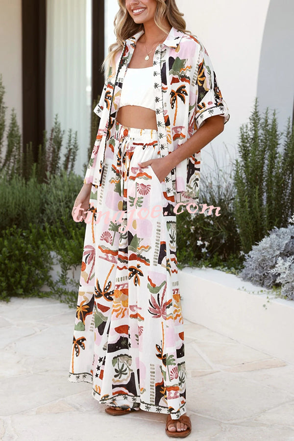 Holiday Style Holiday Print Casual Short-sleeved Shirt and Elastic Waist Loose Pocket Wide-leg Pants Set
