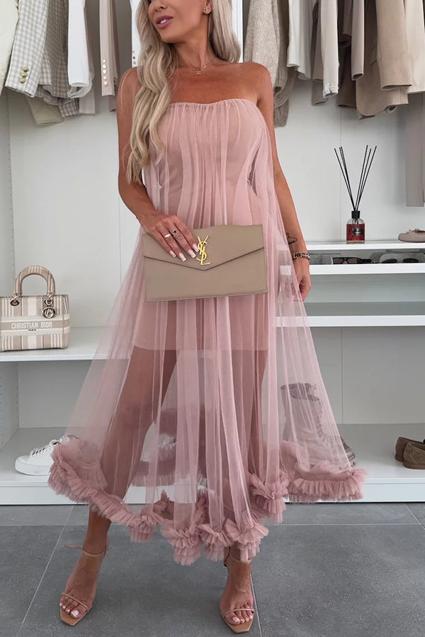 Fairytale Charm Tulle Off Shoulder Ruffles Trim A-line Midi Dress