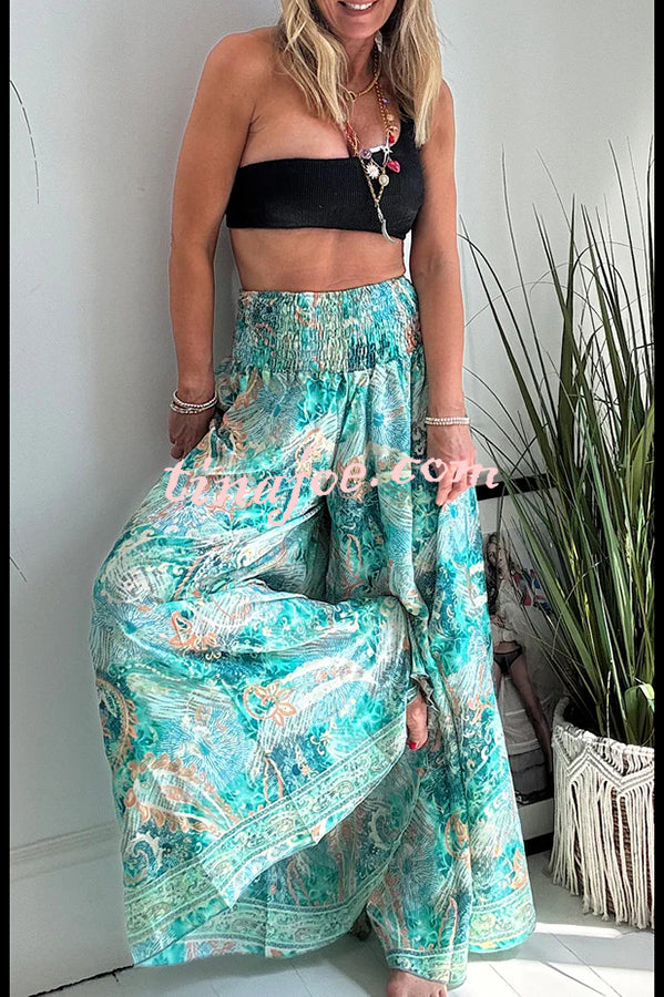 Stella Leopard Print High Rise Smocked Waist Pocketed Wide Leg Pants