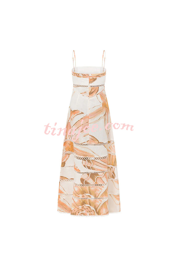 Daje Linen Blend Unique Print Round Hollow Trim Tie-up Bust Slip Maxi Dress