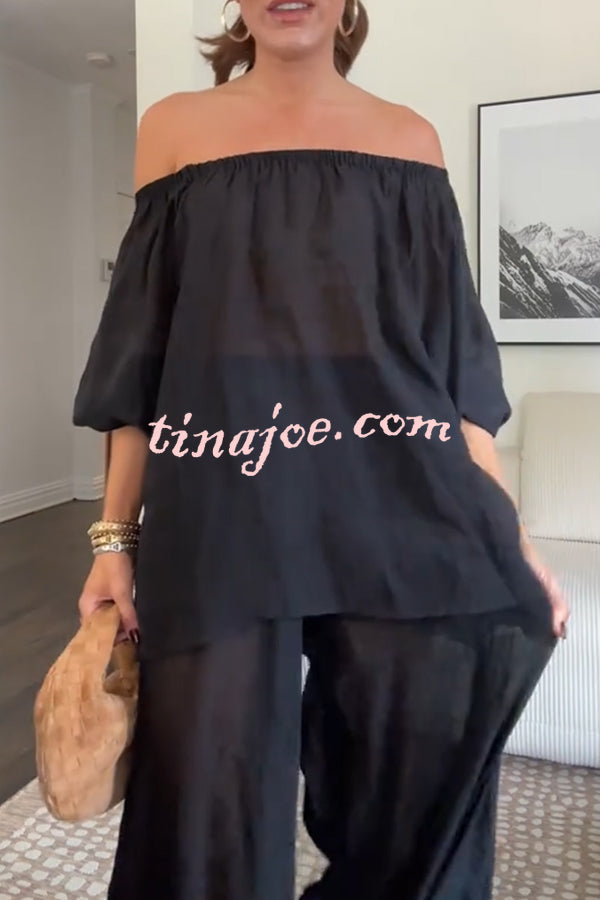 Comfortable Area Chiffon Off Shoulder Balloon Sleeve Top and Elastic Waist Knotted Bloomer Set