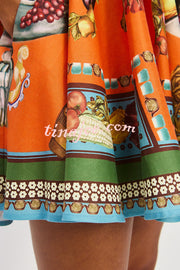Linen Blend Unique Print Suspender Tie Casual Mini Dress