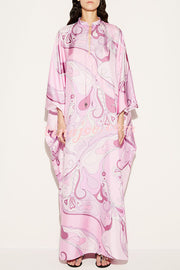 Gayle Satin Unique Print Stand Tie-up Neck Loose Kaftan Maxi Dress