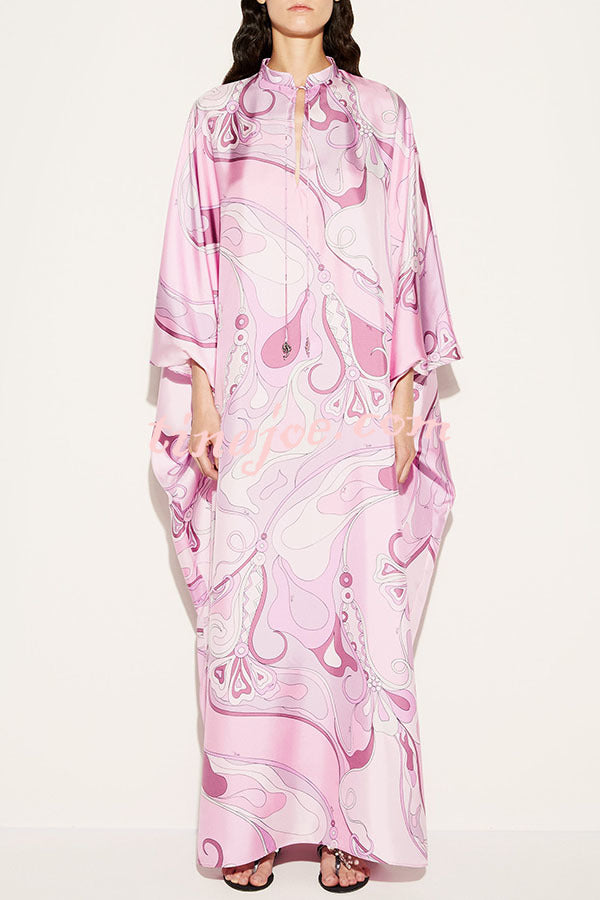 Gayle Satin Unique Print Stand Tie-up Neck Loose Kaftan Maxi Dress