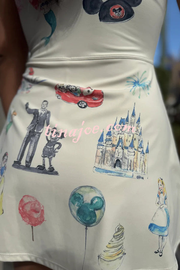 Childish Cartoon Print Sleeveless Fitted Lace-Up Mini Dress