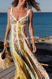 Sweet Garden Linen Blend Color Block Floral Paneled Maxi Dress
