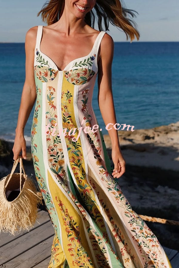 Sweet Garden Linen Blend Color Block Floral Paneled Maxi Dress