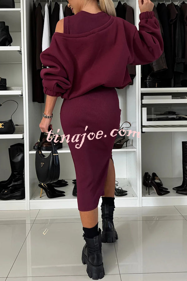 Lifestyle Wide Neck Relaxed Sweatshirt and Ribbed Tank Stretch Midi Dress Set