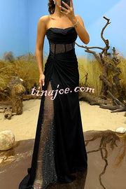 Essie Satin Rhinestone Patchwork Twist Waist Strapless Slit Maxi Dress