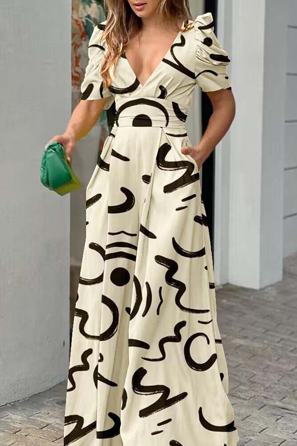 Milly Printed Puff Sleeve Pocketed Wide Leg Jumpsuit