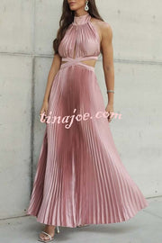 Stunning Choice Satin Pleated Halter High Neck Cutout Waist Backless Maxi Dress
