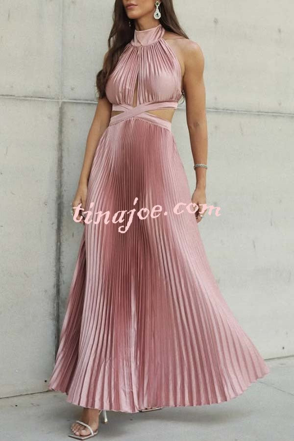 Stunning Choice Satin Pleated Halter High Neck Cutout Waist Backless Maxi Dress