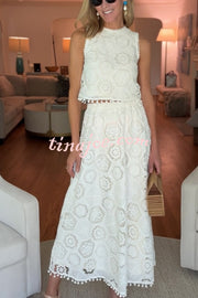 Nice Try Embroidered Crochet Lace Tassle Trim Elastic Waist Midi Skirt