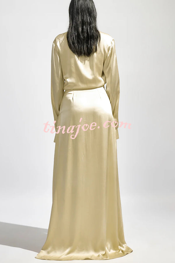 Elegance and Seduction Satin Ruched Detail Slit Shirt Maxi Dress