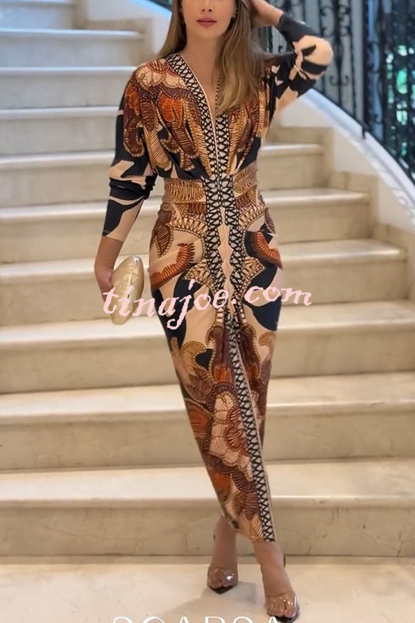 Verra Unique Print Dolman Long Sleeve Ruched Slit Midi Dress