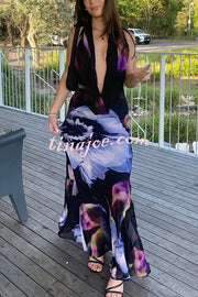 Bold and Sexy Tie-dye Abstract Floral Halter Drape Neck Backless Maxi Dress