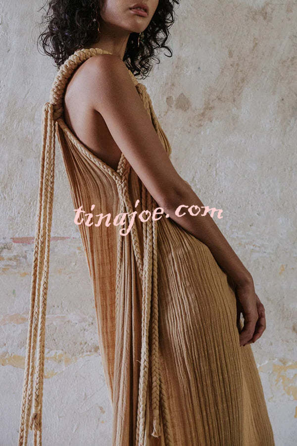 Island Soul Linen Blend One Shoulder Draped Braids Cover Up Maxi Dress