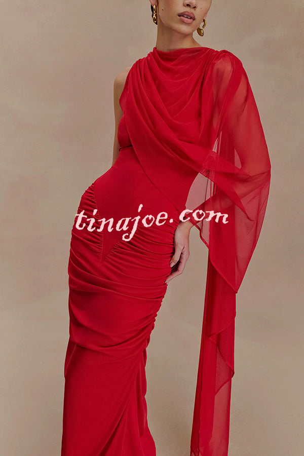 Fashionable Mesh Shawl Sleeveless Slim Fit Pleated Maxi Dress