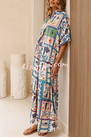 Unique Print Lapel Short Sleeve Loose Shirt and Elastic Waist Casual Pocket Wide Leg Pants Set