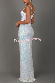 All about Glam Satin Corset Sequin Twist High Leg Split Maxi Dress