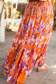 Resort Style Floral Print Elastic Waist Loose Stitching Maxi Skirt