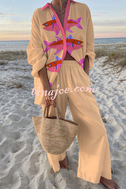 Pink Fish Print Oversized Shirt and Elastic Waist Pocket Pants Set