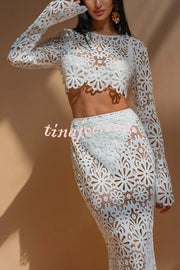 Balmy Summers Crochet Lace Floral Pattern Long Sleeve Crop Vacation Top