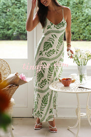 Leaf Printed Sling V-Neck Sleeveless Fitted Maxi Dress