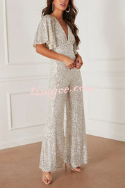 Trophy Wife Sequin Bell Sleeve Flare Stretch Jumpsuit