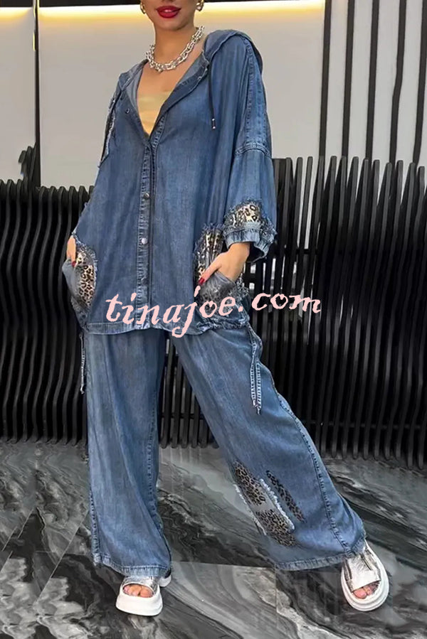 Fashion Loose Hooded Leopard Print Pocket Top and Casual Wide-leg Pants Set