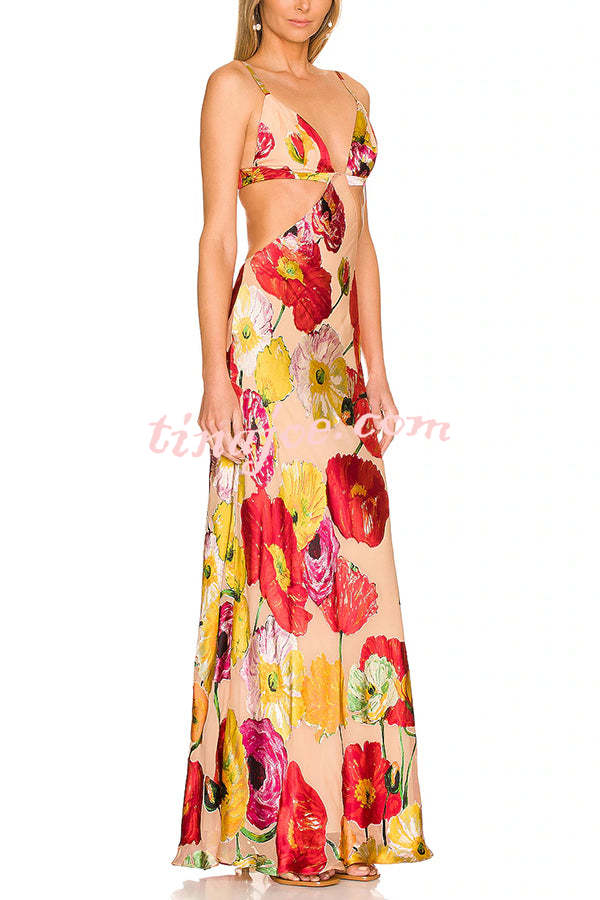 Hawaiian Dreams Satin Floral Print Cutout Backless Maxi Dress