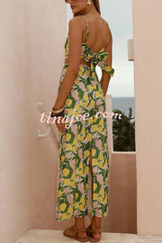 Linen Blend Summer Fruit Print Camisole Top and Elegant Lace Back Slit Maxi Skirt Set