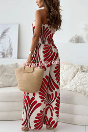 Unique Printed Off-shoulder Pleated Casual Wide-leg Jumpsuit