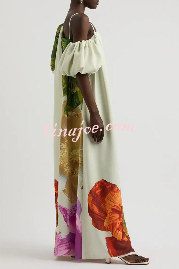 Floral Print Slant Collar Puff Sleeves Loose Holiday Maxi Dress
