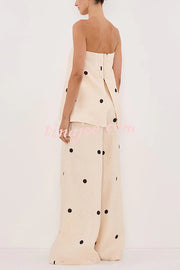 Linen Blend Polka Dot Bandeau Top and Elastic Waist Pocket Wide Leg Pants Set