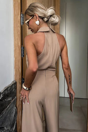 Fashionable Unique Look Halter Shirt Collar Pocketed Wide Leg Jumpsuit