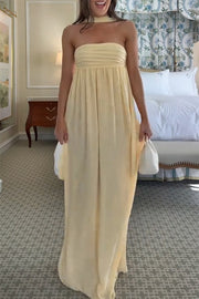 Butter Yellow Ruched Bust Off Shoulder Scarf A-line Maxi Dress