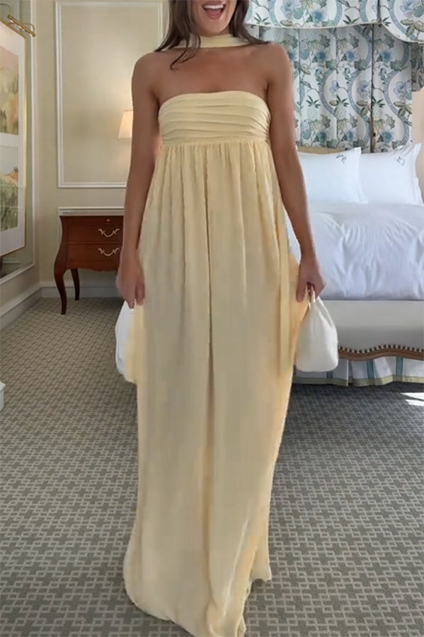 Butter Yellow Ruched Bust Off Shoulder Scarf A-line Maxi Dress